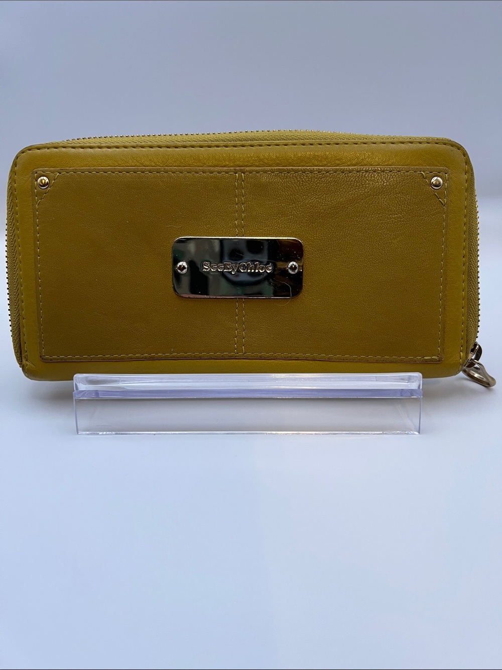 See By Chloe Yellow Leather Zip-Around Wallet with Logo Plate